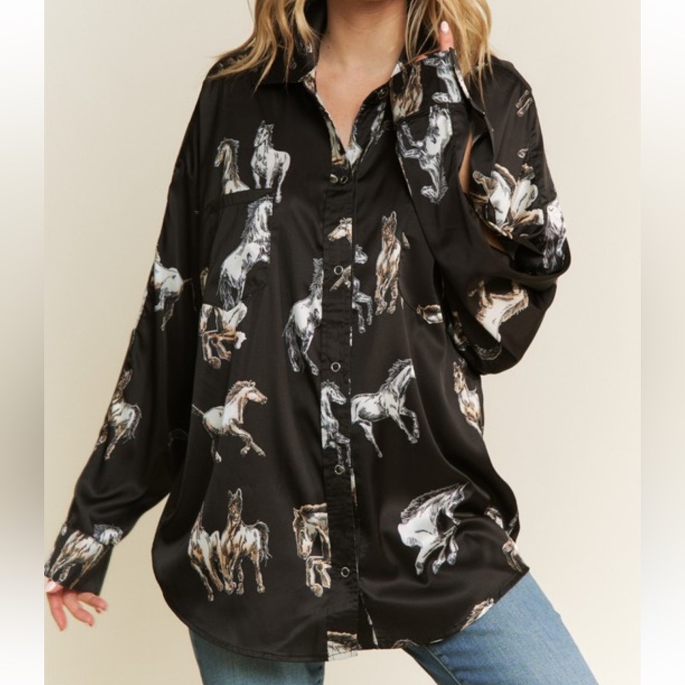 Satin Horse Print Loose Fit Button Up (Snap)